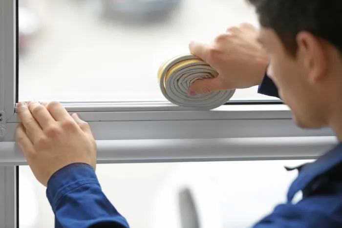 Man doing DIY window insulation