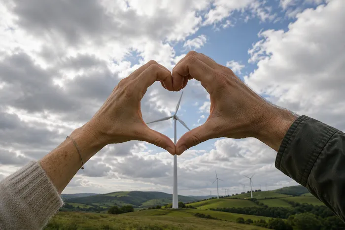 Two people making a heart with their hands to frame a wind turbine, representing love of renewable energy