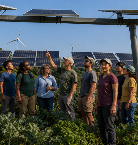 Community Energy group with solar panels and wind turbines