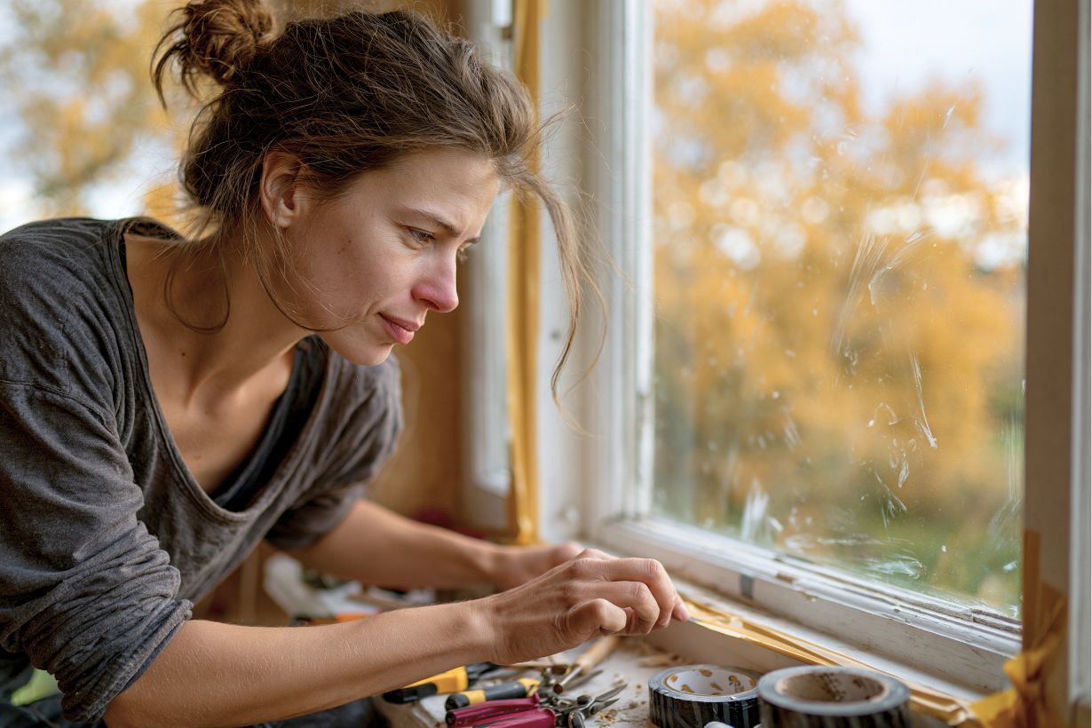 A woman draught proofing windows
