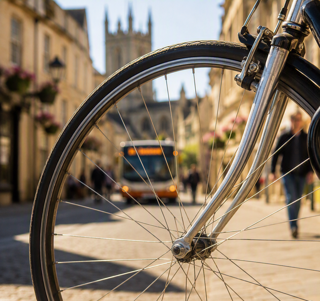 Street scene illustrating more active and environmentally ways to travel: by bike, on foot, or using public transport