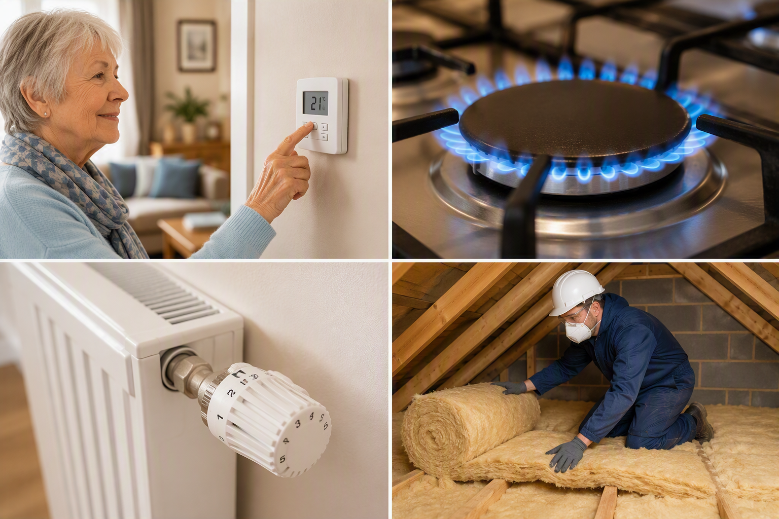 Photograph collage showing four energy-saving actions: a person in protective gear installing insulation, a blue gas flame burning on a stove, a close-up of a radiator thermostat, and an elderly woman adjusting a wall thermostat.