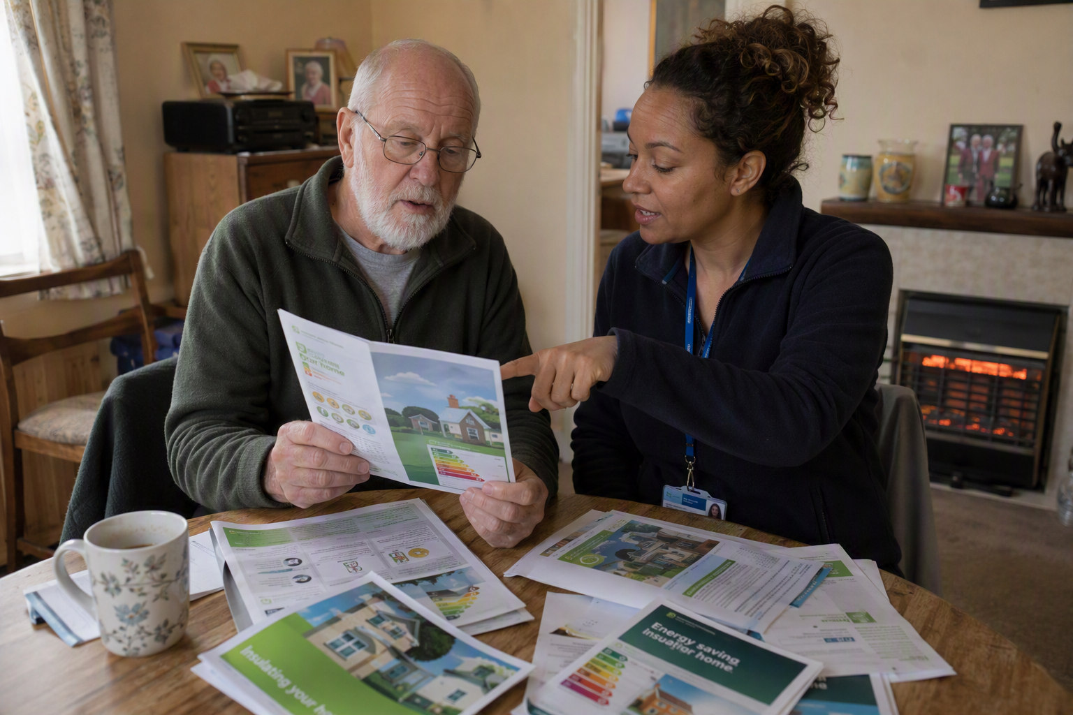 Woman advising a pensioner about winter fuel support in his home