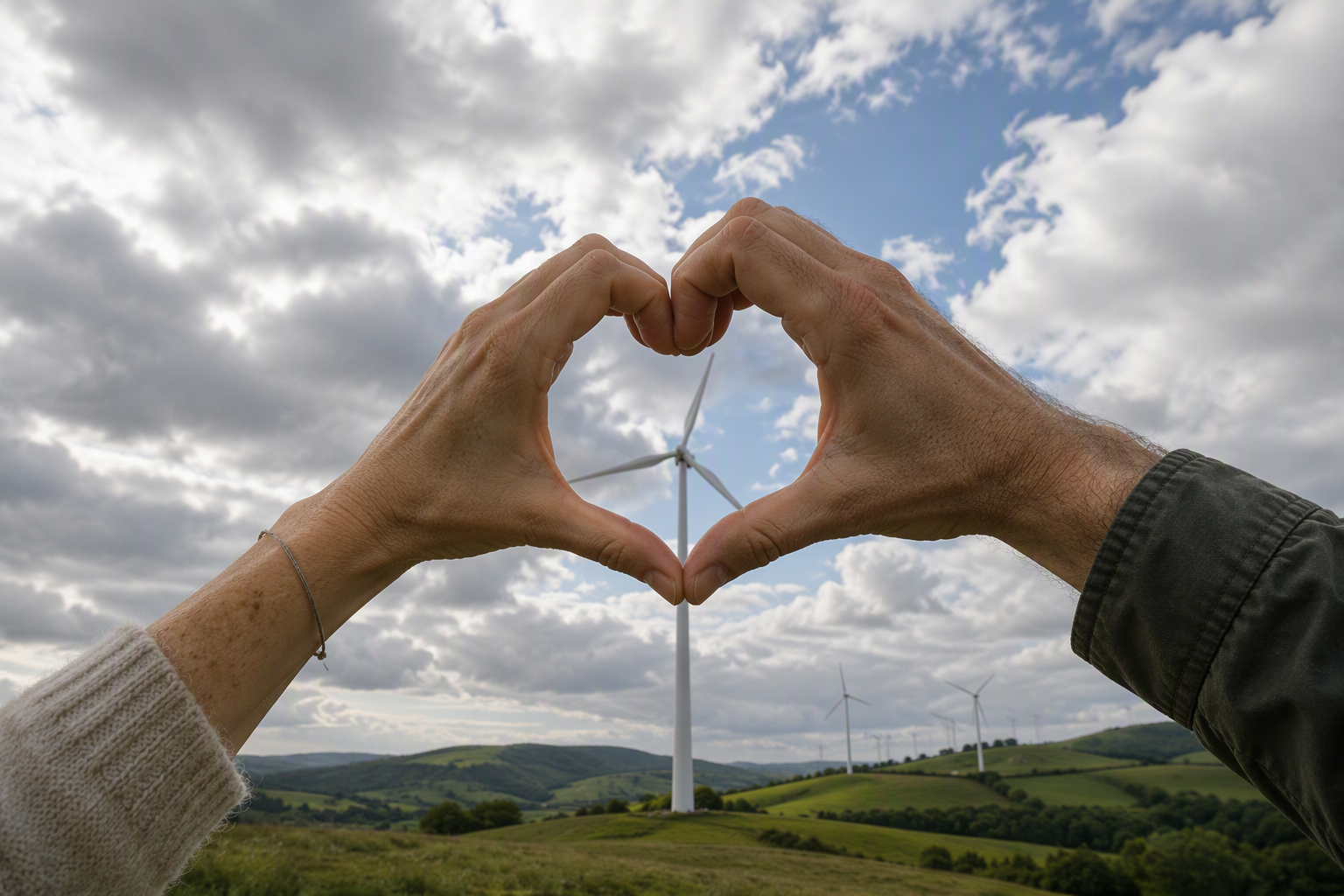 Two hands forming a heart around a wind turbine, showing a love of renewable energy