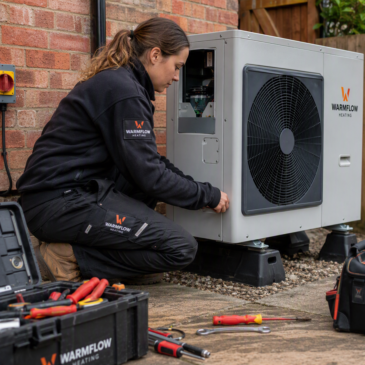 Woman installing an air source heat pump