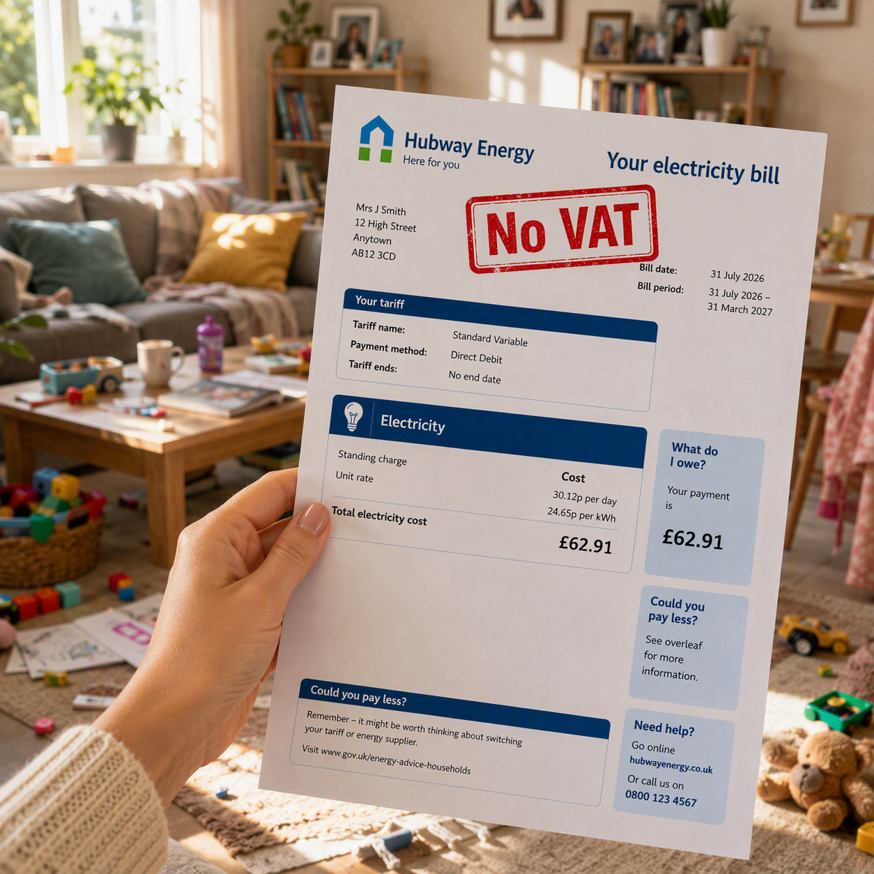 Home electricity bill with No VAT stamped on it