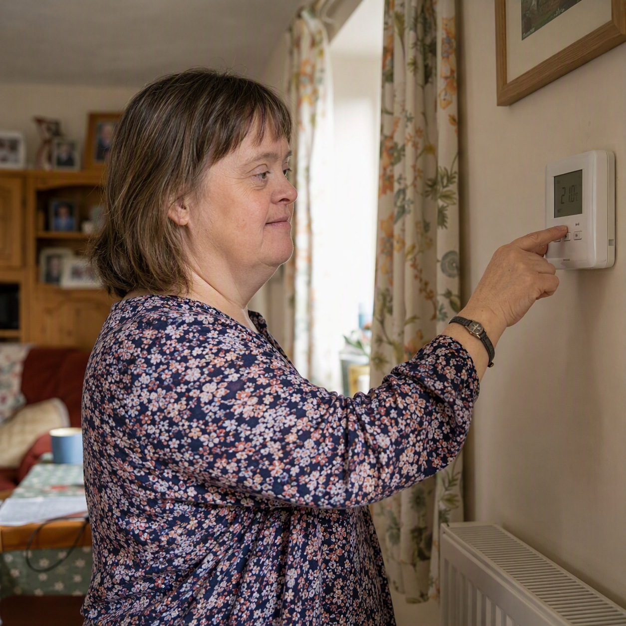 Woman with Downs operating central heating controls