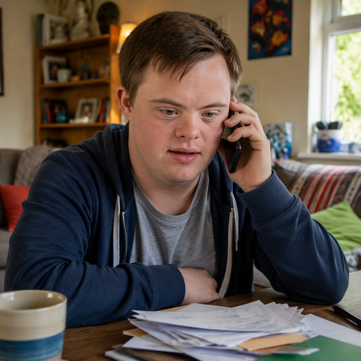 Young disabled man on phone to advice helpline