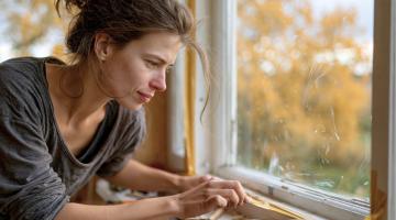 A woman draught proofing windows