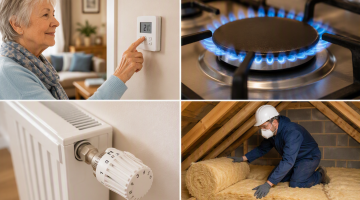 Photograph collage showing four energy-saving actions: a person in protective gear installing insulation, a blue gas flame burning on a stove, a close-up of a radiator thermostat, and an elderly woman adjusting a wall thermostat.